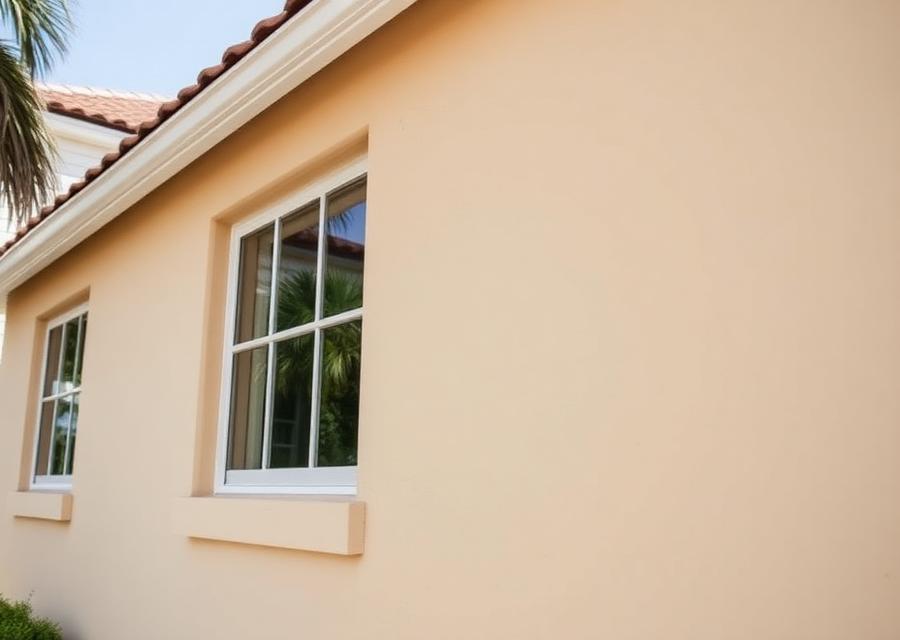 After: the same West Palm Beach stucco wall repaired, re-textured and repainted in a smooth even beige with no visible cracking