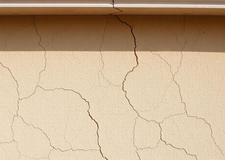 Before: beige stucco wall in West Palm Beach covered in spider cracks with one long vertical settlement crack running down from the roofline