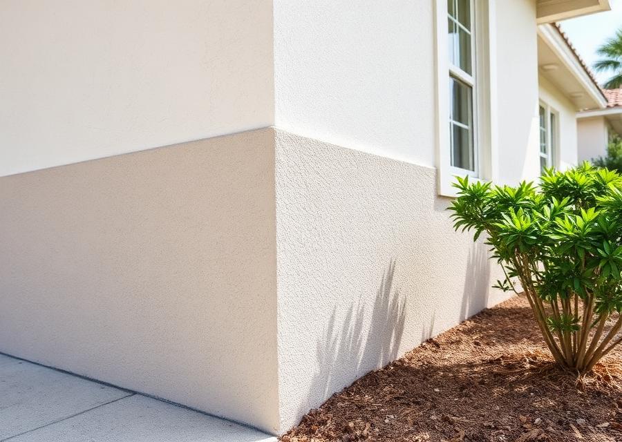 After: the same Boynton Beach corner rebuilt with fresh stucco, texture matched and painted to blend with the surrounding wall