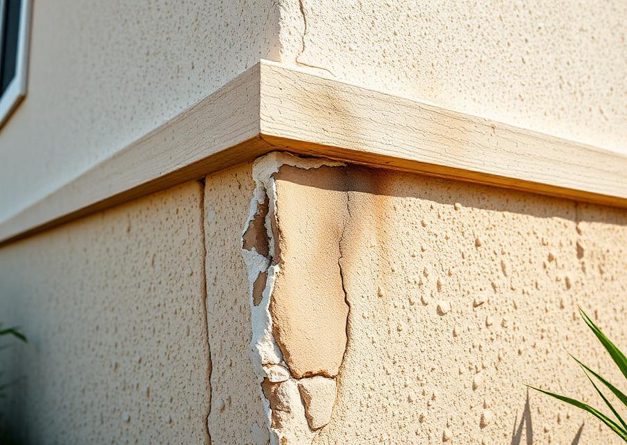 Before: exterior stucco corner of a Boynton Beach home with crumbling spalled stucco and staining near the foundation
