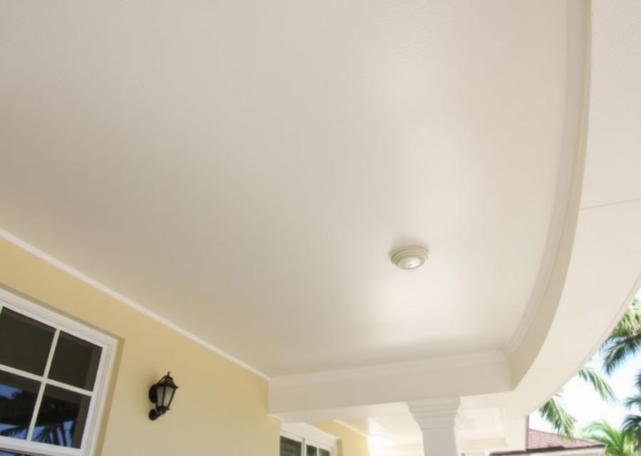 After: the same Delray Beach patio ceiling resurfaced smooth and repainted clean white with the recessed light reinstalled