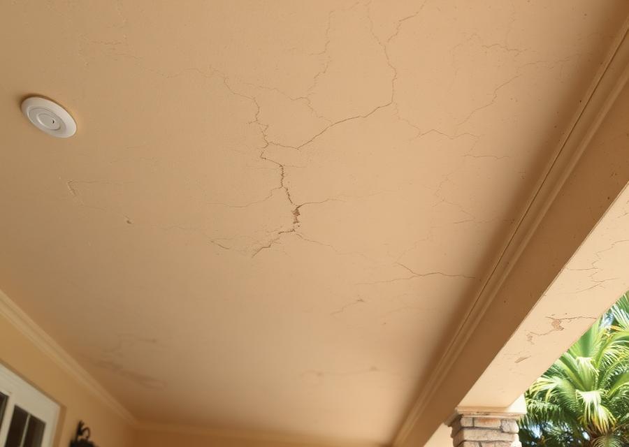 Before: cracked and discolored stucco patio ceiling on a Delray Beach home with spreading hairline cracks around a recessed light