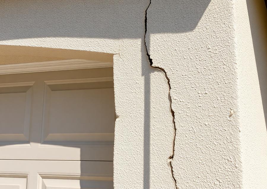 Before: long vertical crack and chipped edge in the stucco beside a garage door opening on a Wellington home