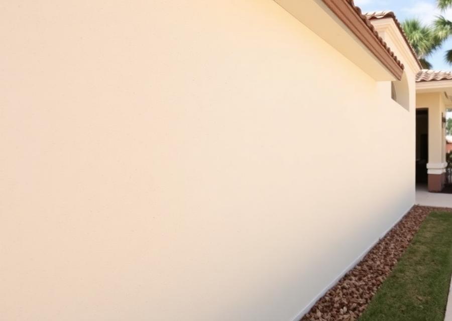 After: the same Boca Raton boundary wall rebuilt and skim coated to a smooth uniform cream finish along its full length