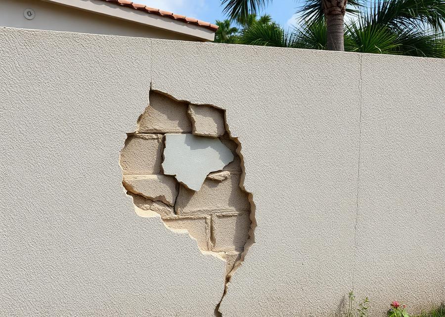Before: Boca Raton property boundary wall with a large section of stucco broken away exposing the concrete block underneath