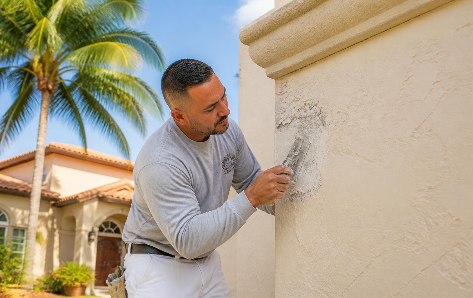 Dr Handyman Service technician troweling fresh stucco onto the exterior wall of a Palm Beach County home